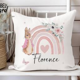 Personalised Peter Rabbit Cushion, Girls Pink Floral Gift, Bedroom Decor, Daughter, Granddaughter, 1st 2nd 3rd Birthday Gift - thumbnail 3