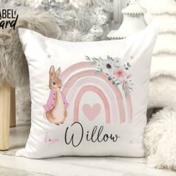 Personalised Peter Rabbit Cushion, Girls Pink Floral Gift, Bedroom Decor, Daughter, Granddaughter, 1st 2nd 3rd Birthday Gift - thumbnail 2