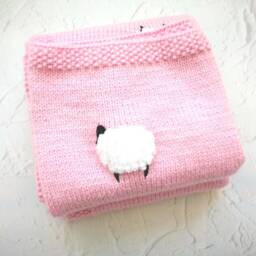 Sheep Baby Blanket, Handknit, Fuzzy Sheep, Knitted Sheep Designed Wool Baby Blanket, Car Seat & Stroller Size Too, Ready To Ship - thumbnail 3