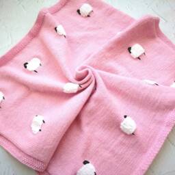Sheep Baby Blanket, Handknit, Fuzzy Sheep, Knitted Sheep Designed Wool Baby Blanket, Car Seat & Stroller Size Too, Ready To Ship - thumbnail 2