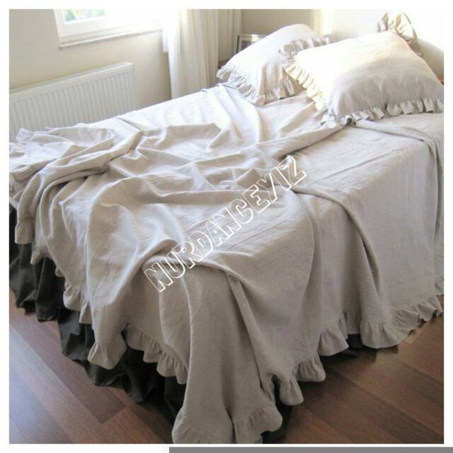 Bedspread King 120x120, Queen Bed Spread Ruffled Bedding-Oatmeal Beige Neutral Buldan Turkish Linen Ruffle Throw Coverlet Blanket, Top Sheet - image 1