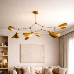 Handmade Brass Sputnik Chandelier, Mid Century Sculptural Pendant Lamp, Adjustable Dining Room Lighting - thumbnail 3