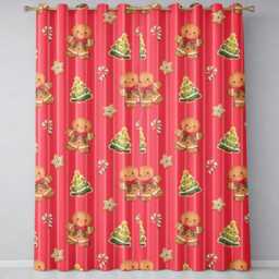 Gingerbread Man Cookies Candy Cane On Bright Red Stripe Background Seamless Readymade Eyelet Ring Top Thermal 100% Blackout Curtains - thumbnail 2