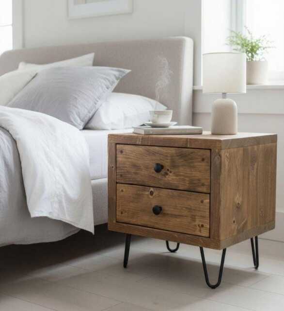 Rustic Bedside Table Mid-Century Hairpin Legs, 2 Drawer Nightstand Made With Reclaimed Wood Soft Close Runners Drawers Rustic Design - image 1