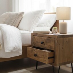 Rustic Bedside Table Mid-Century Hairpin Legs, 2 Drawer Nightstand Made With Reclaimed Wood Soft Close Runners Drawers Rustic Design - thumbnail 2