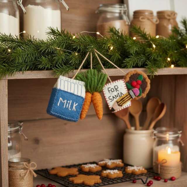 Christmas Eve Essentials Set Handmade Needle Felt Wool Hanging Decorations - image 1