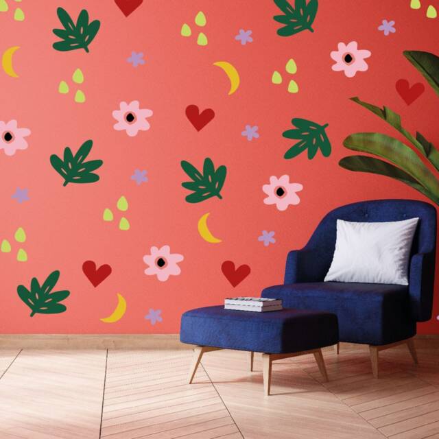 Happy Flower & Heart Wall Stickers - Bright Modern Decals, Art, Nursery Stickers, Playroom Bedroom Stickers, Scandi Home - image 1