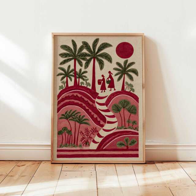 Palestinian Folk Art Print, Middle Eastern Village Scene - image 1