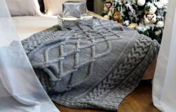 Cable Knit Throw+ 2 Pillow Covers, Chunky Knit Blanket, Gray Bedspread, Throw Wool Blanket, Handmade