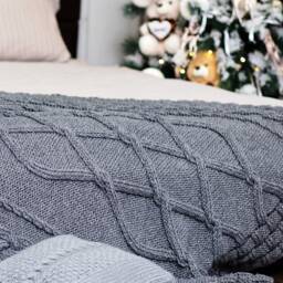 Cable Knit Throw+ 2 Pillow Covers, Chunky Knit Blanket, Gray Bedspread, Throw Wool Blanket, Handmade - thumbnail 3