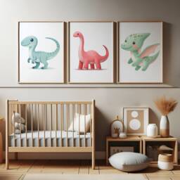 Kids Dinosaur Poster Set - 3 Prints - Nursery, Bedroom Wall Art Watercolour Dino Decor Childrens Kid Playroom Artwork Print - thumbnail 1