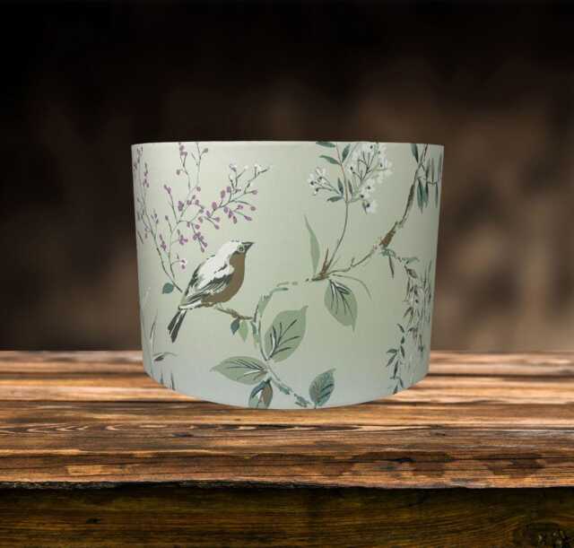 Bird Lampshade For Ceiling & Table Lamps, Mint Green Floral Botanical Drum Light Shade - image 1
