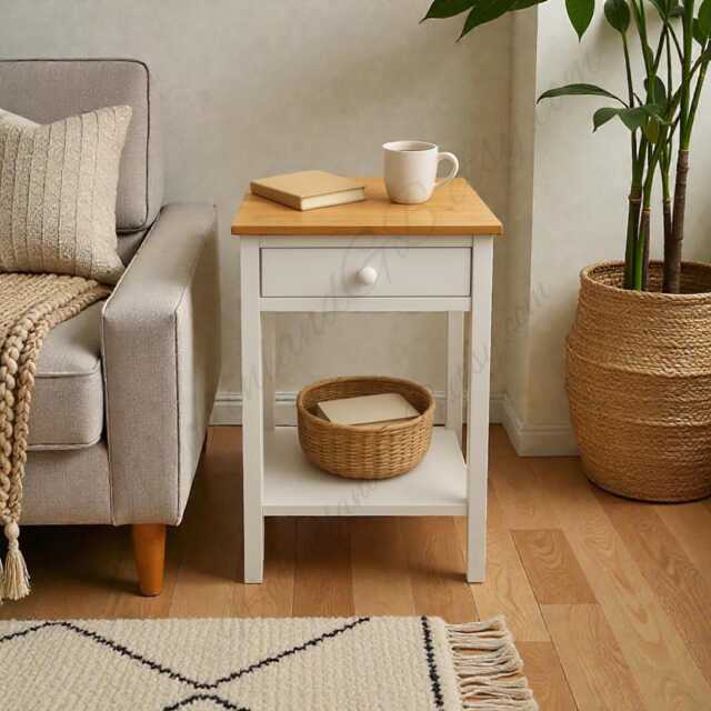 Modern Wooden Bedside Table With Drawer & Shelf, White Nightstand Cabinet - image 1