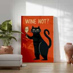 Wine Not Cat Poster, Funny Black Wall Art, Lover Print, Quirky & Illustration, Humorous Bar Decor, Retro Style Artwork - thumbnail 3