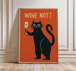 Wine Not Cat Poster, Funny Black Wall Art, Lover Print, Quirky & Illustration, Humorous Bar Decor, Retro Style Artwork - thumbnail 1