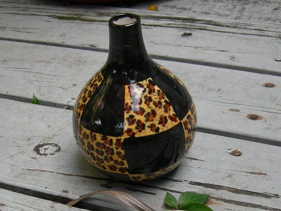 Custom Exotic Leopard Print/Mirror Black Vase, Short, Round Bottle Cheetah Print, Animal Print Ceramic Hand Painted Vase - image 1
