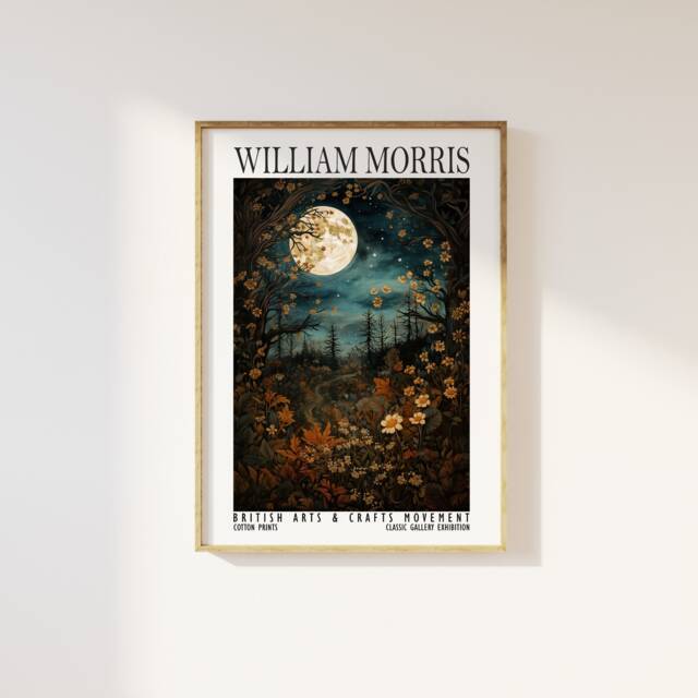 William Morris Full Moon Above Woodland Print - Cotton Prints Exhibition Vintage Morris, Luxury Botanical Foliage Trees Stars - image 1