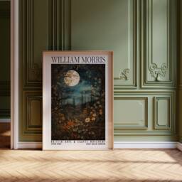 William Morris Full Moon Above Woodland Print - Cotton Prints Exhibition Vintage Morris, Luxury Botanical Foliage Trees Stars - thumbnail 2