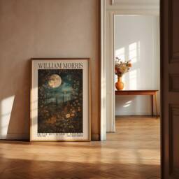 William Morris Full Moon Above Woodland Print - Cotton Prints Exhibition Vintage Morris, Luxury Botanical Foliage Trees Stars - thumbnail 3