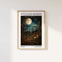 William Morris Full Moon Above Woodland Print - Cotton Prints Exhibition Vintage Morris, Luxury Botanical Foliage Trees Stars - thumbnail 1