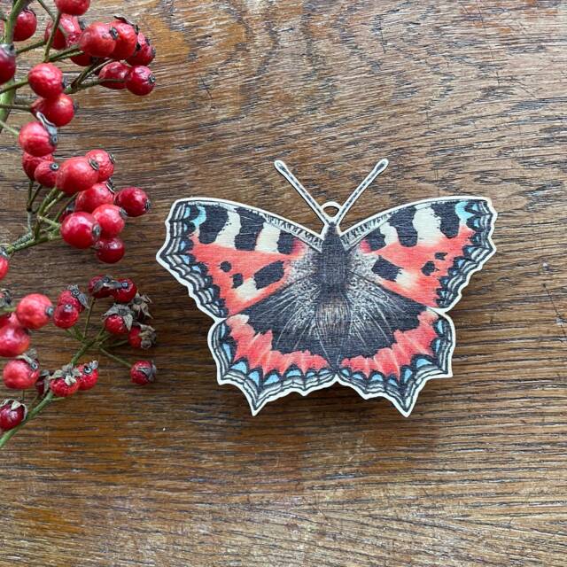 Small Tortoiseshell Butterfly Wooden Spring Decoration Hand Illustrated Birch Ornament - image 1