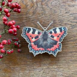 Small Tortoiseshell Butterfly Wooden Spring Decoration Hand Illustrated Birch Ornament - thumbnail 1