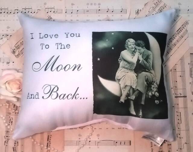 Vintage Style I Love You To The Moon & Back Throw Pillow, Newlywed Gift, Romantic Wedding Or Anniversary Handmade in Usa