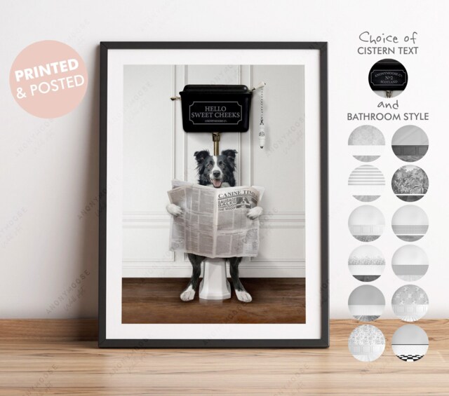 Black & White Print Border Collie Dog On Toilet With Newspaper, Victorian Print, Funny Bathroom Toilet, Humour - image 1