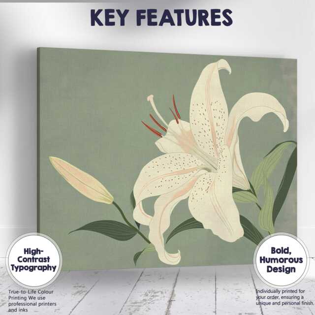 Elegant White Lily Bloom Sage Green Botanical Illustration Canvas Wall Art Print Decor Picture Ready To Hang - image 1