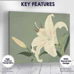 Elegant White Lily Bloom Sage Green Botanical Illustration Canvas Wall Art Print Decor Picture Ready To Hang