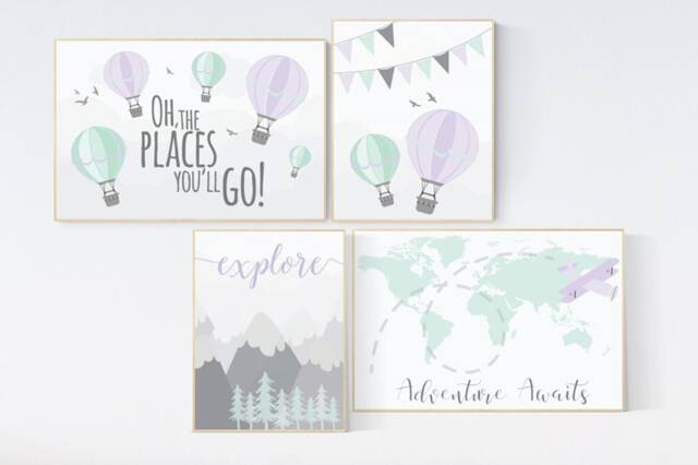 Hot Air Balloon Nursery Print Lavender Mint Adventure Theme - image 1