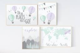 Hot Air Balloon Nursery Print Lavender Mint Adventure Theme - thumbnail 1