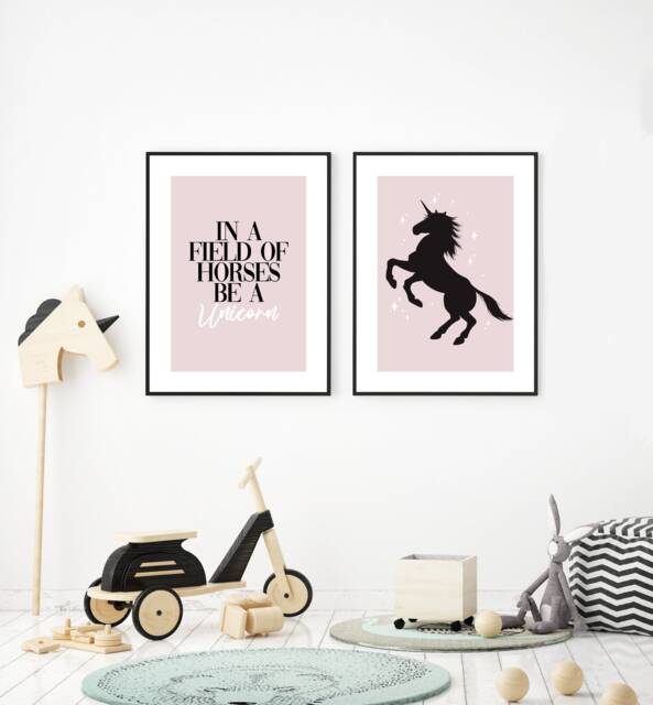 Unicorn Bedroom Nursery Set Of 2 Prints, Pink Baby Girl Print, Wall Art, New Baby, Kids Bedroom, Gift, Horse - image 1