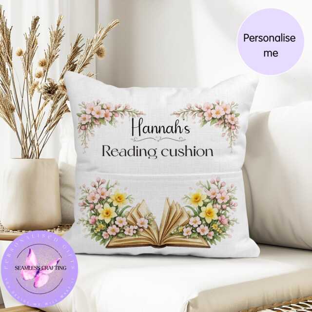 Personalised March Birth Flower Reading Pillow With Pocket, Custom Name Book Lover Gift, Daffodil Cherry Blossom Birthday Present For Reader - image 1