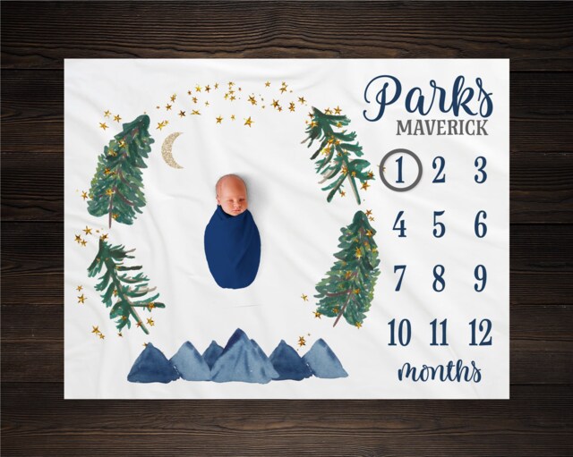 Mountain Milestone Blanket, Monthly Growth Tracker, Personalized Baby Custom Shower Gift, New Bm13 - image 1