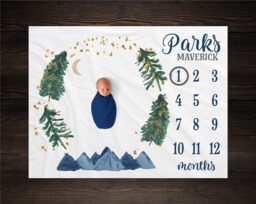Mountain Milestone Blanket, Monthly Growth Tracker, Personalized Baby Custom Shower Gift, New Bm13 - thumbnail 1