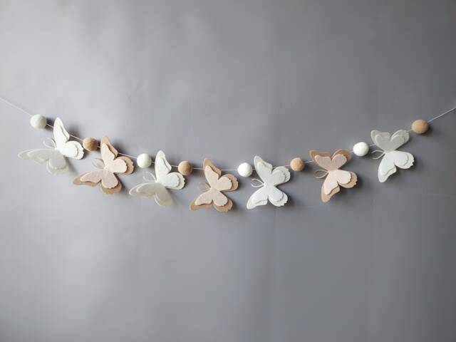 Butterfly Garland Baby Girl Nursery Decor Felt Butterflies Pom Pom Wall Neutral Theme - image 1
