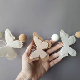 Butterfly Garland Baby Girl Nursery Decor Felt Butterflies Pom Pom Wall Neutral Theme - thumbnail 3