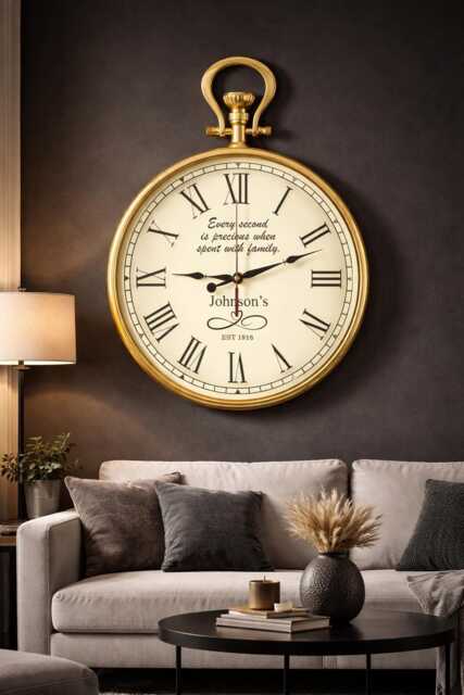 Personalized Vintage Gold Wall Clock, Roman Numeral Large Custom Family Name Silent Non Ticking Housewarming Gift - image 1