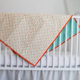 Clearance Baby Blanket in Blue & Orange, Quilt, 100% Cotton, Boy Gift, Shower Machine Quilted, Accent Green & Yellow - thumbnail 2