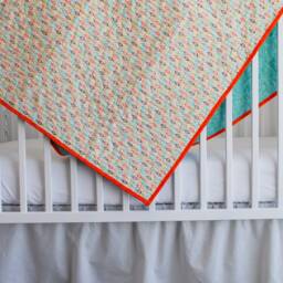 Clearance Baby Blanket in Blue & Orange, Quilt, 100% Cotton, Boy Gift, Shower Machine Quilted, Accent Green & Yellow - thumbnail 4