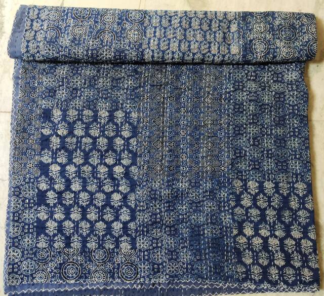 Handmade Kantha Quilt Indian Ajrakh Patchwork Cotton Bedspread - image 1