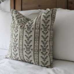 Leaf Print Beige Cushion With Duck Feather Insert, Farmhouse Bird Cushion, English Country 45 X 45cm, Floral Pillow - thumbnail 2