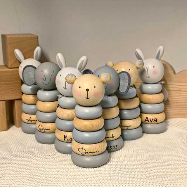 Personalised Wooden Stacking Rings/Baby First Birthday Stacker Tower Bear, Bunny Or Elephant Toys Laser Engraved Name - image 1