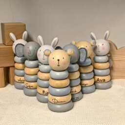Personalised Wooden Stacking Rings/Baby First Birthday Stacker Tower Bear, Bunny Or Elephant Toys Laser Engraved Name