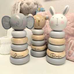 Personalised Wooden Stacking Rings/Baby First Birthday Stacker Tower Bear, Bunny Or Elephant Toys Laser Engraved Name - thumbnail 2