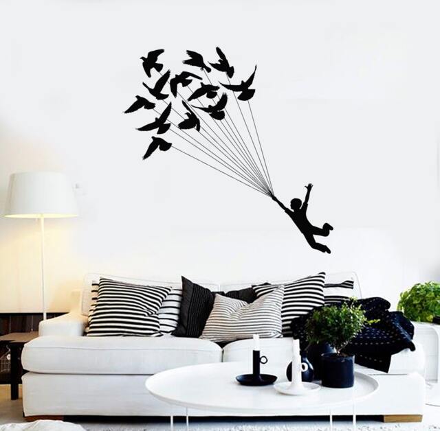 Wall Vinyl Decal Boy & Birds Flying Romantic Bedroom Decor 2302Di - image 1