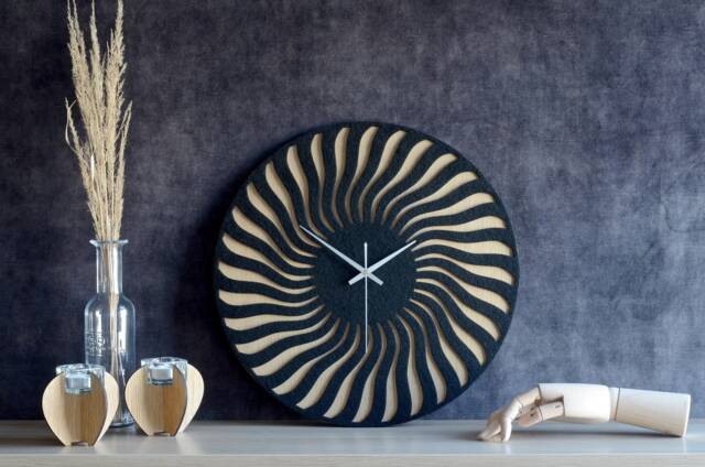 Wood & Felt Clock - Modern Unique Wall Decor, Round Black Large Farmhouse Style Oversized Clock, First Home Gift - image 1