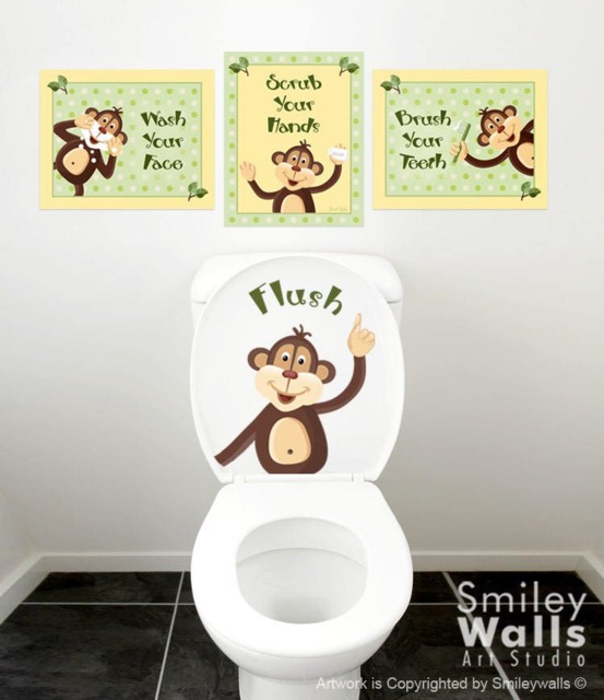 Monkeys Wall Decal For Kids Bathroom Decor, Art, Prints Stickers, Door Sign Bthroom - image 1
