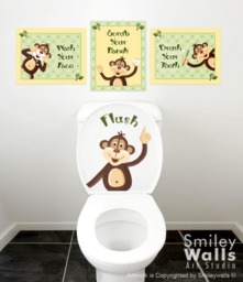 Monkeys Wall Decal For Kids Bathroom Decor, Art, Prints Stickers, Door Sign Bthroom - thumbnail 1